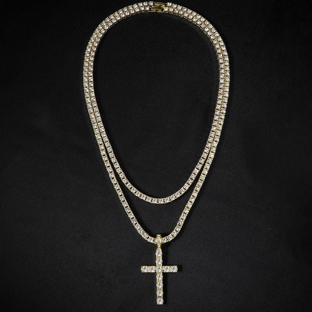 YKRON Iced Out Cross Zircon Tennis Chain Necklace