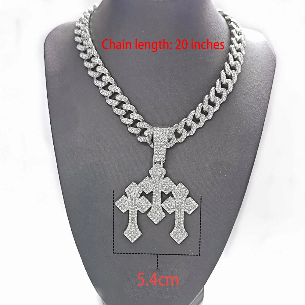 YKRON Iced Out Stacked Cross Cuban Chain Necklace