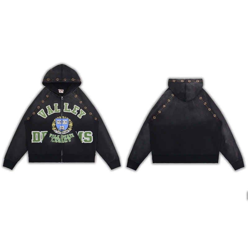YKRON Vale Retro Embroidery Diamond Zip Hoodie
