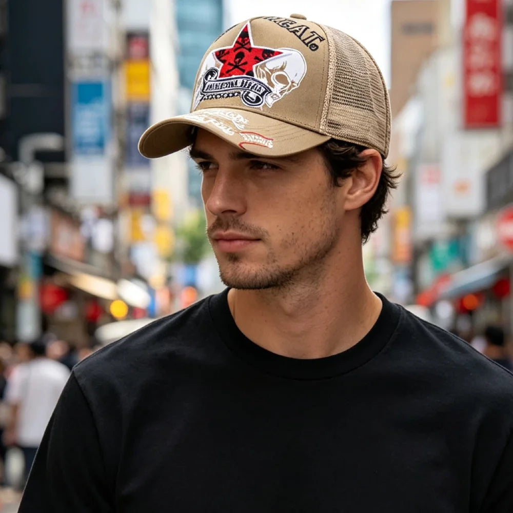 YKRON Punk Skull Crossbones Trucker Cap
