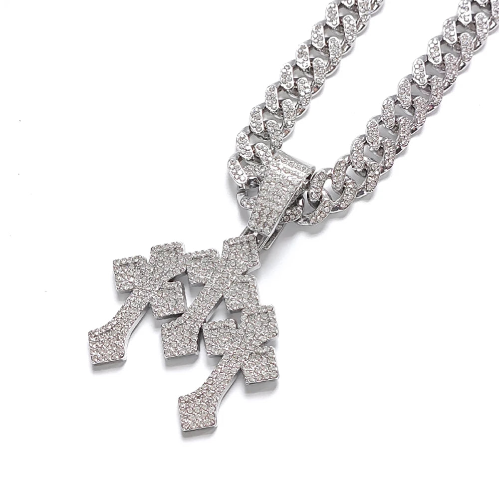 YKRON Iced Out Stacked Cross Cuban Chain Necklace