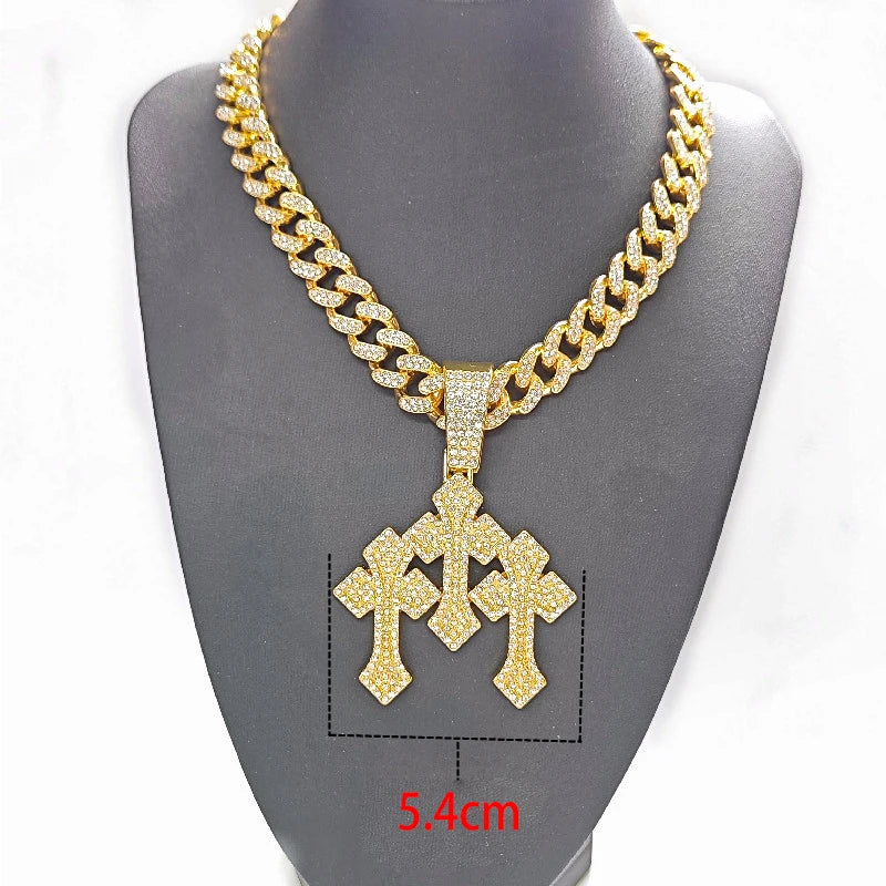 YKRON Iced Out Stacked Cross Cuban Chain Necklace