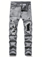 YKRON Streetwear Patchwork Ripped Elastic Jeans