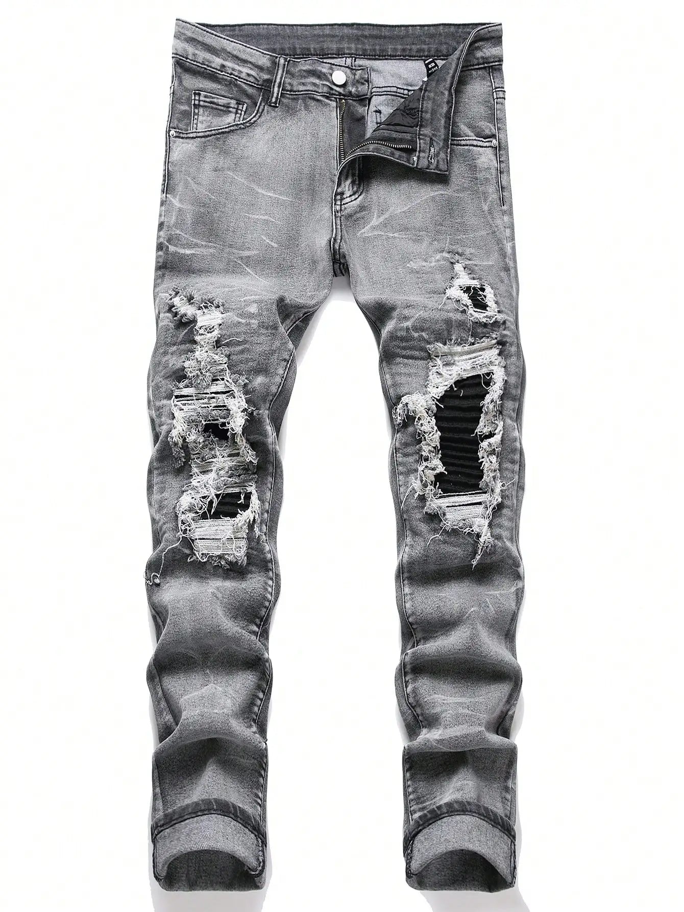 YKRON Streetwear Patchwork Ripped Elastic Jeans