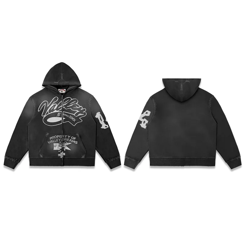 YKRON Vale Retro Embroidery Diamond Zip Hoodie