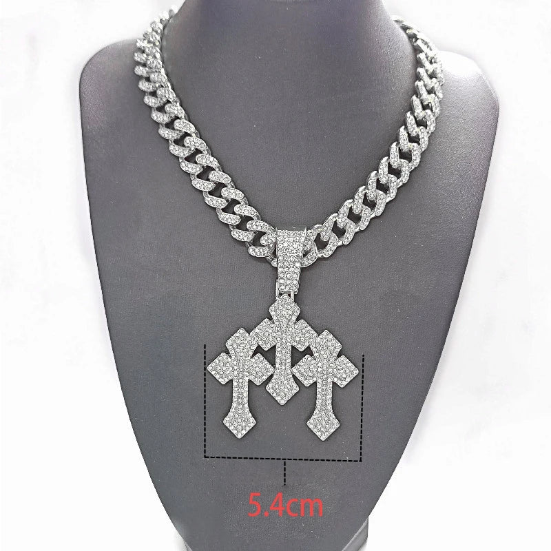 YKRON Iced Out Stacked Cross Cuban Chain Necklace