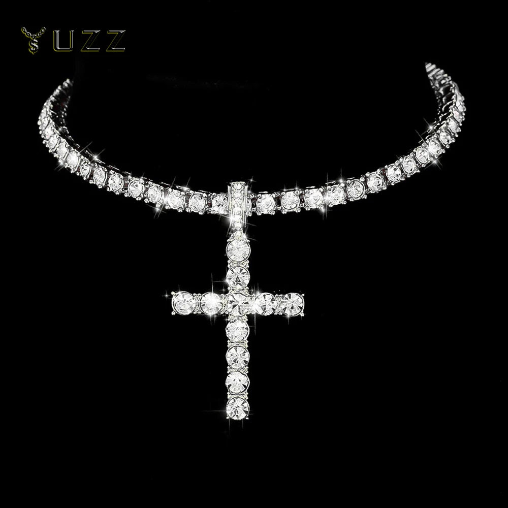 YKRON Iced Out Cross Zircon Tennis Chain Necklace
