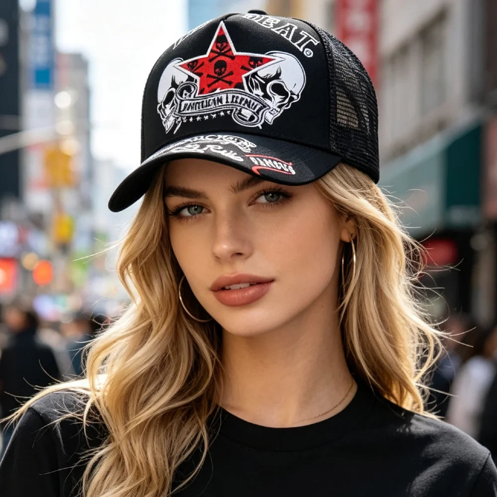 YKRON Punk Skull Crossbones Trucker Cap