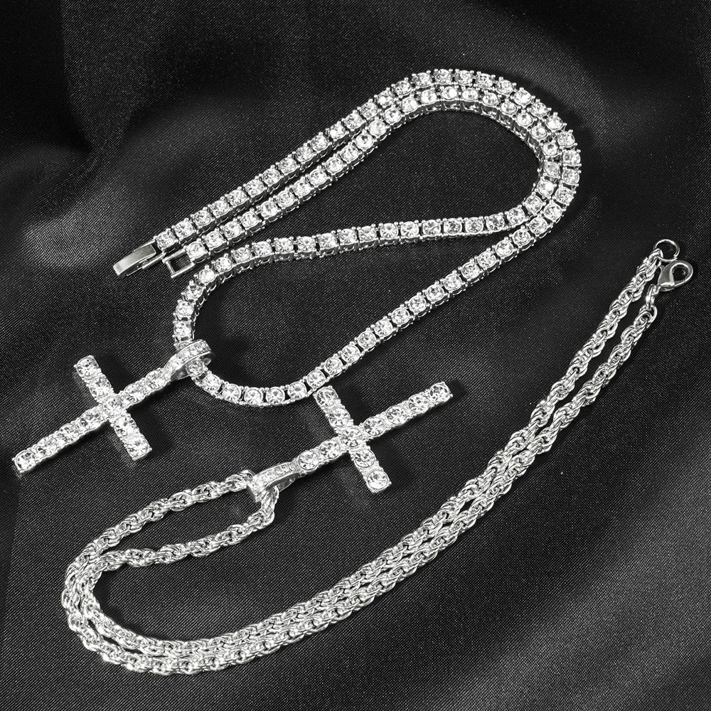 YKRON Iced Out Cross Zircon Tennis Chain Necklace