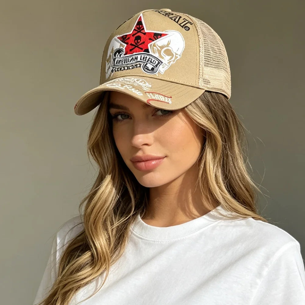 YKRON Punk Skull Crossbones Trucker Cap
