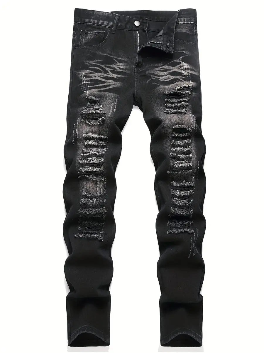 YKRON High Street Ripped Straight Leg Black Jeans