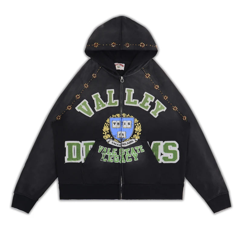 YKRON Vale Retro Embroidery Diamond Zip Hoodie