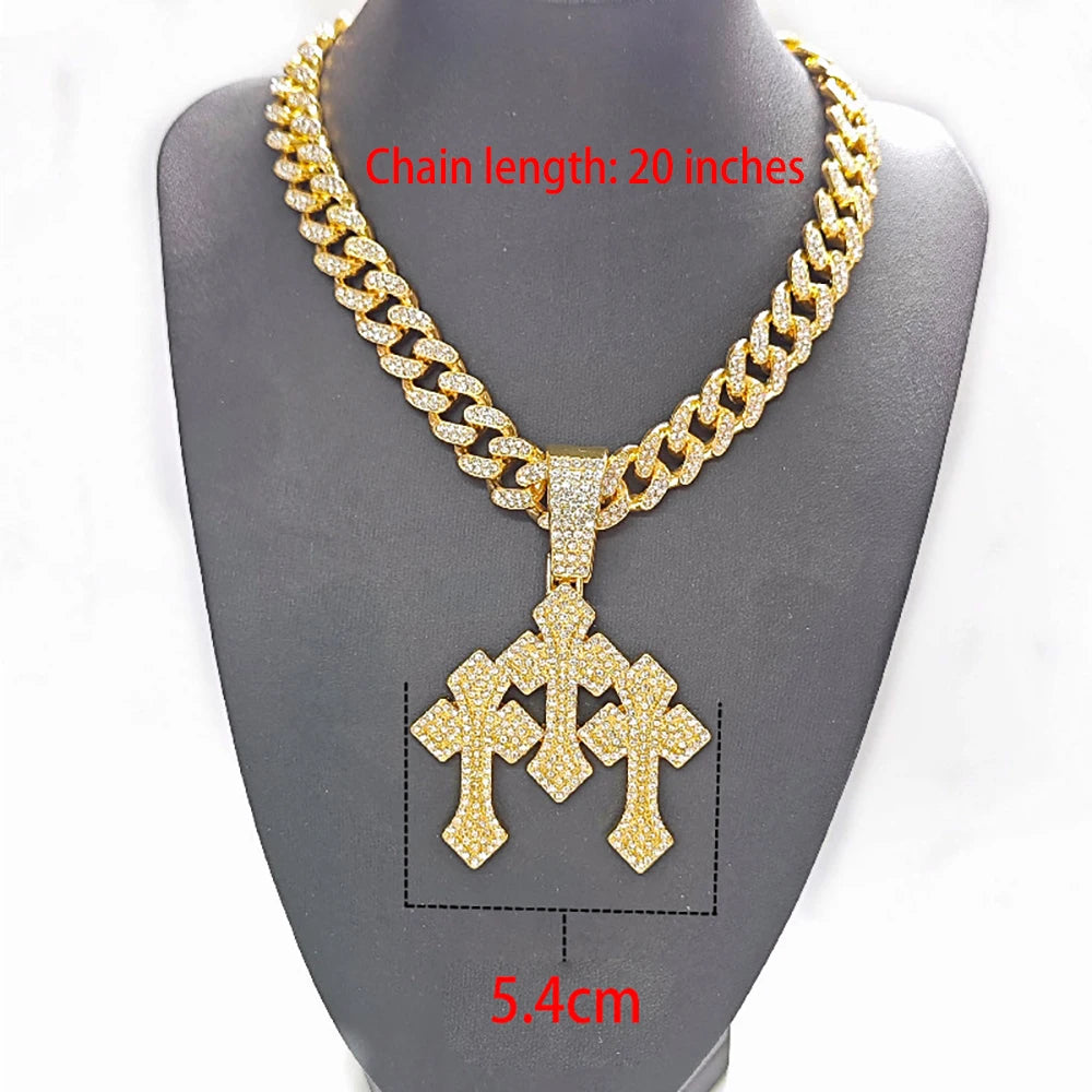 YKRON Iced Out Stacked Cross Cuban Chain Necklace