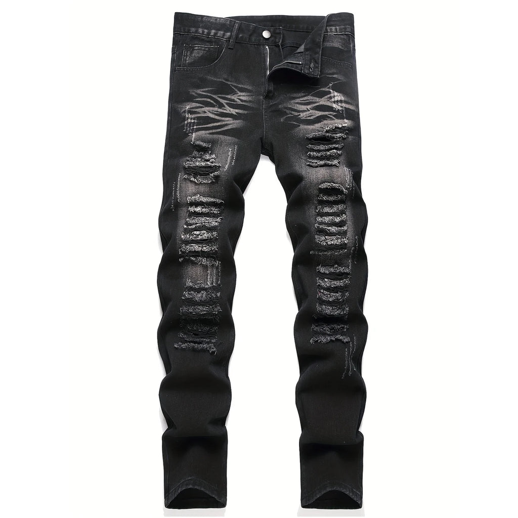 YKRON High Street Ripped Straight Leg Black Jeans