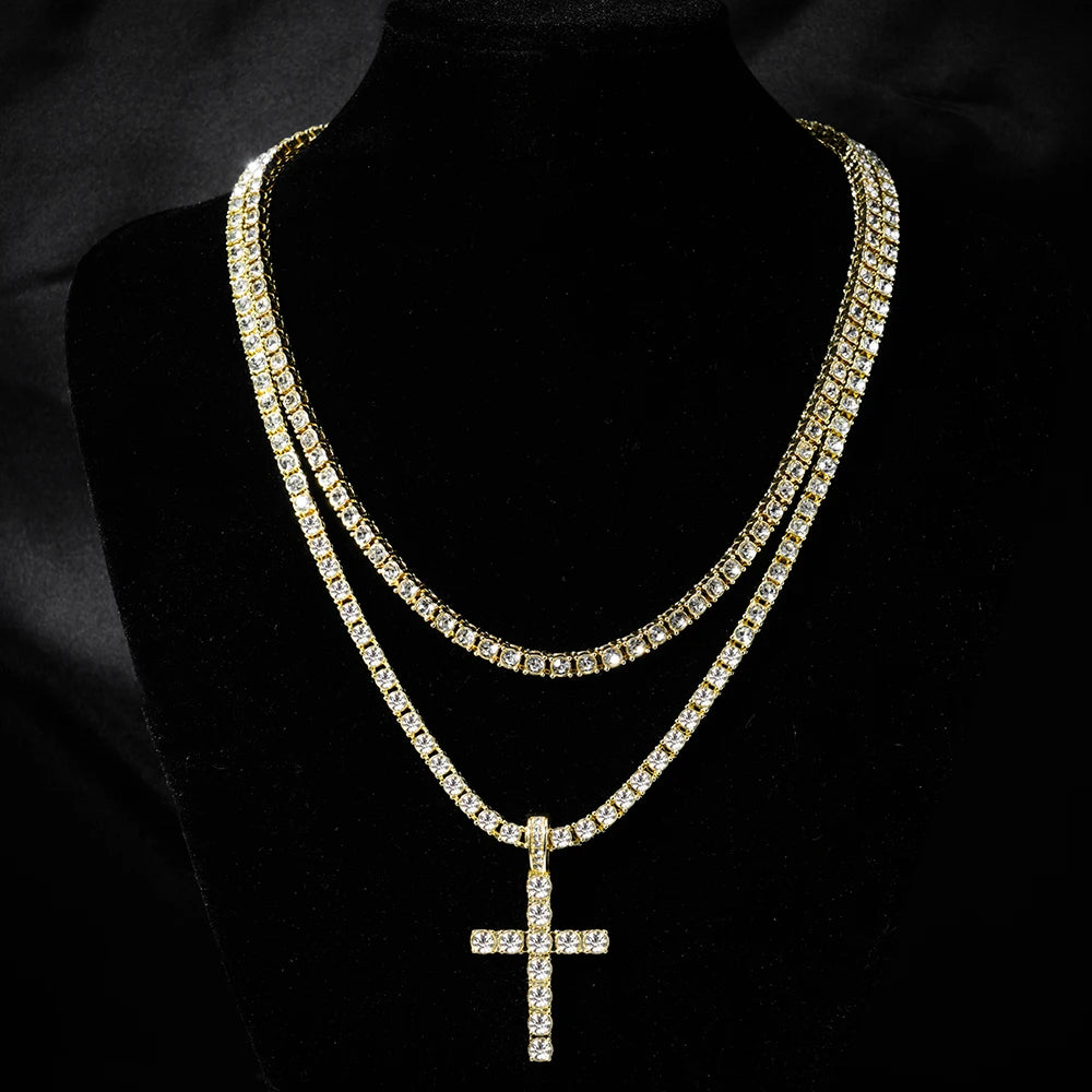 YKRON Iced Out Cross Zircon Tennis Chain Necklace