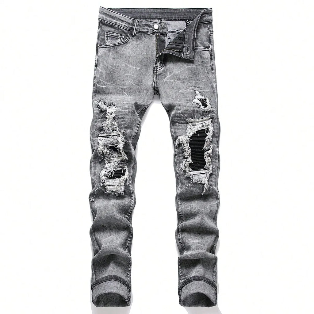 YKRON Streetwear Patchwork Ripped Elastic Jeans