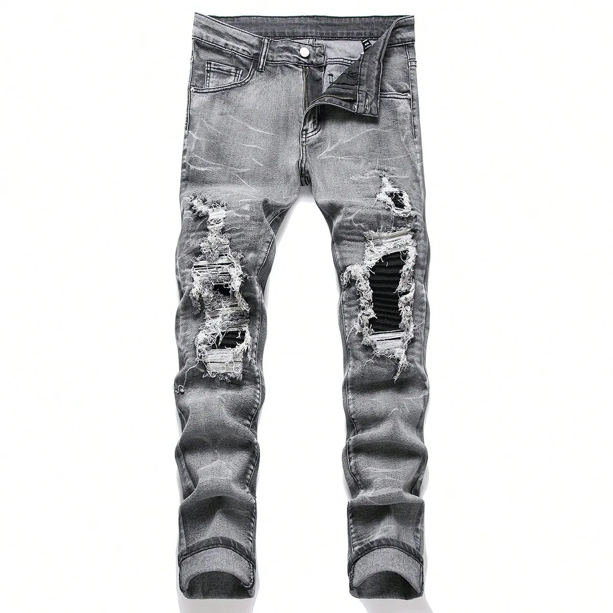 YKRON Streetwear Patchwork Ripped Elastic Jeans