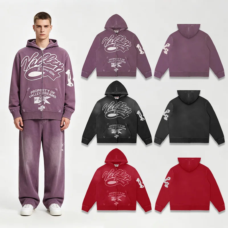 YKRON Vale Retro Embroidery Diamond Zip Hoodie