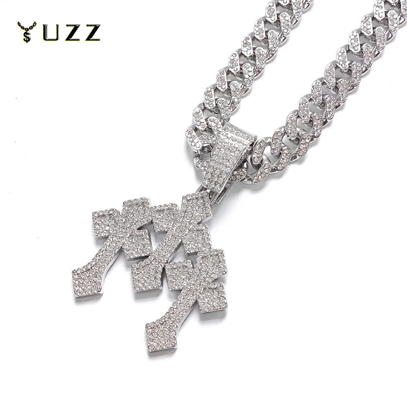 YKRON Iced Out Stacked Cross Cuban Chain Necklace