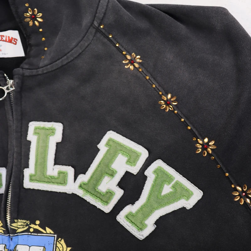 YKRON Vale Retro Embroidery Diamond Zip Hoodie